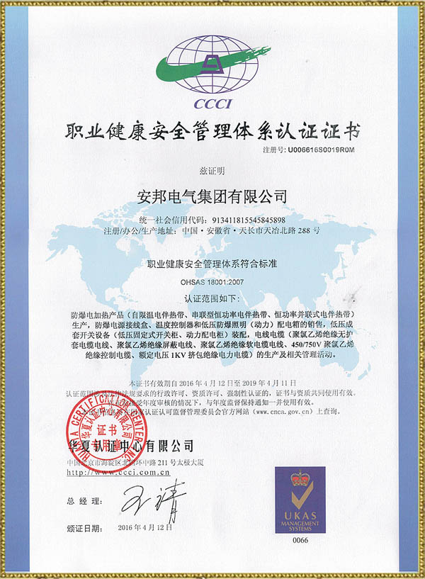 职业健康安全管理体系认证证书